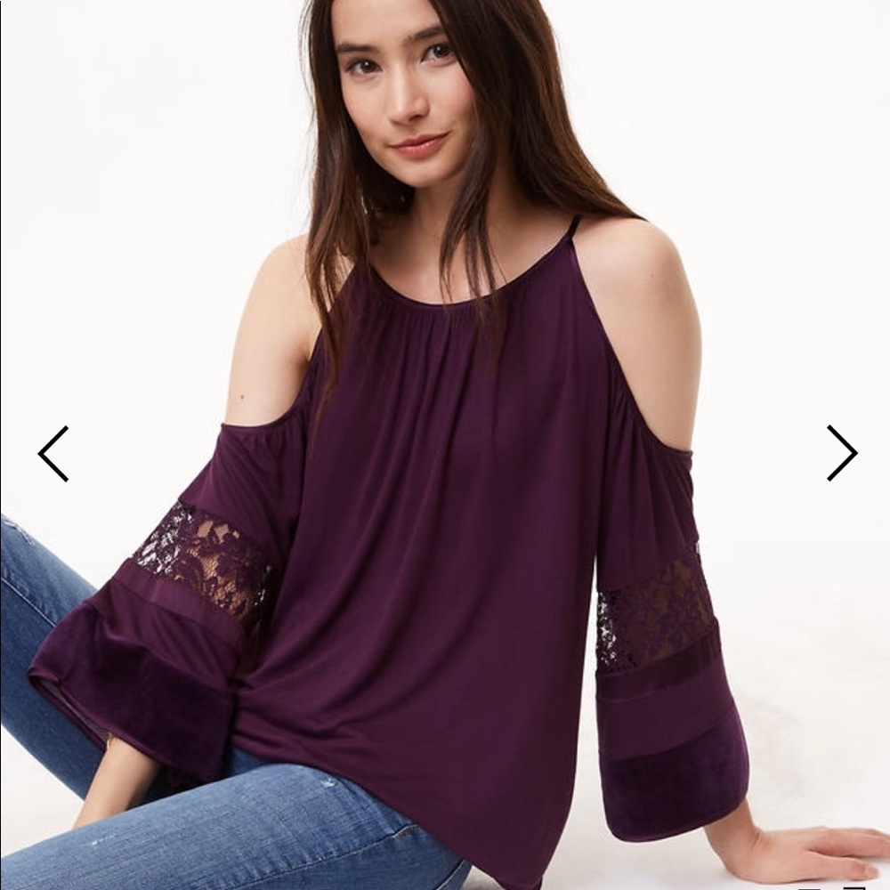 LOFT Velvet Lace Cold Shoulder Top. - Picture 1 of 8